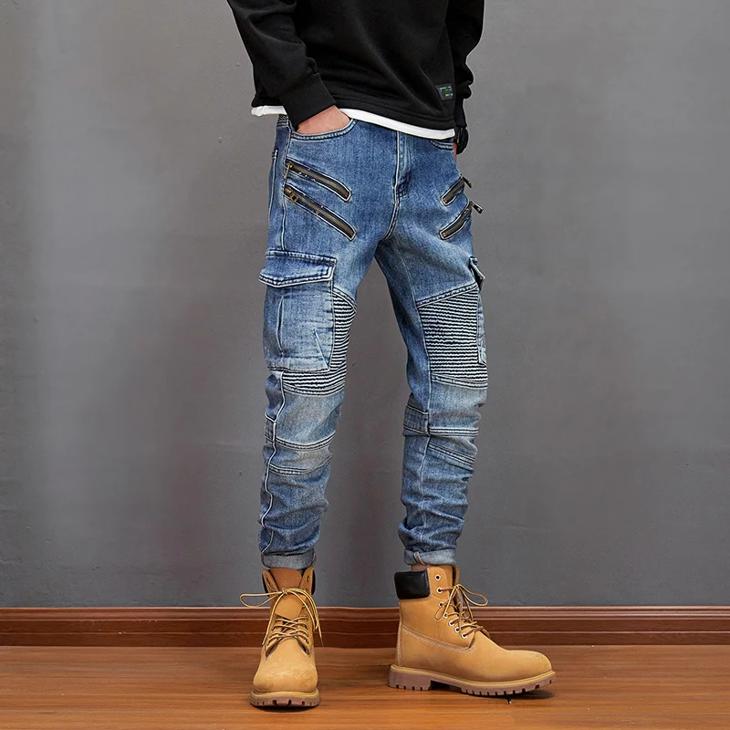 American Street Fashion Men Jeans Retro Blue Slim Fit Spliced Designer Biker Jeans Men Big Pocket Zipper Designer Hip Hop Pants