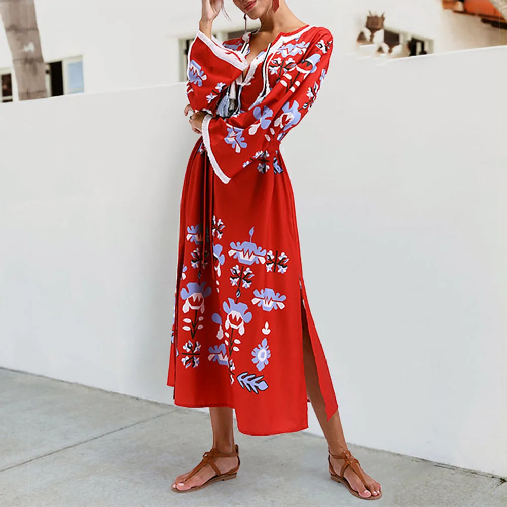 Женское платье в стиле бохо красное свободное со шнуровкой этнический принт