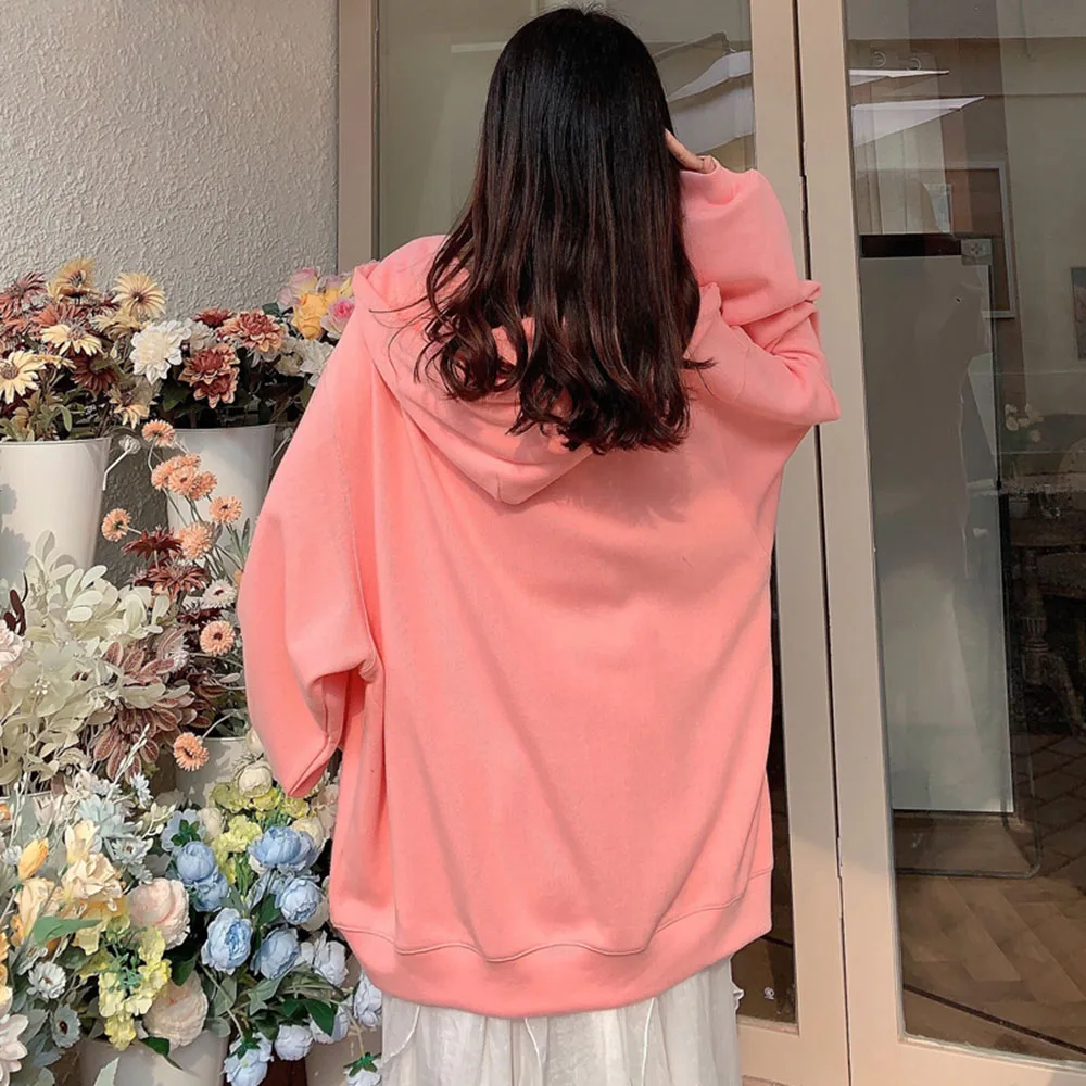 

Korean Version Japanese Hoodie Spring Autumn Fashion Loose Casual Zipper Printing Solid Color With Hood Long Sleeve 2021
