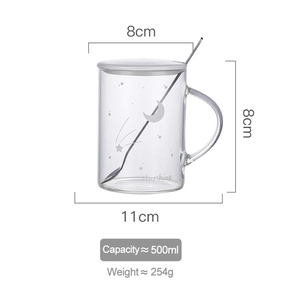

Creative Luminous Glass Mug With Lid Spoon High Borosilicate Glass Cup Transparent Breakfast Coffee Milk Star Pattern Drinkware