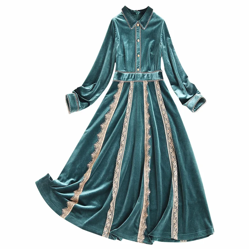 

AELESEEN Autumn Winter Christmas Dress Women Long Sleeve Turn-Down Collar Green Lace Patchwork Elegant New Year Velvet Dress