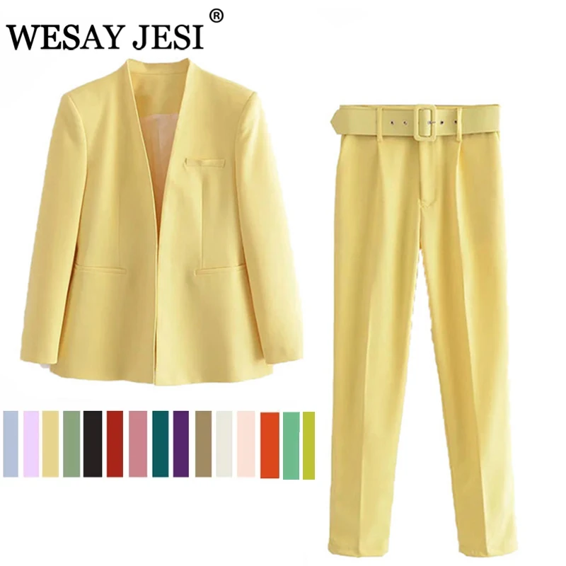 WESAY JESI-Traje de Blazer y Pantalón para Mujer, Conjunto 2 Piezas, Top Manga Larga, Color Liso, con Cuello, Simple y a la Moda, para la Oficina