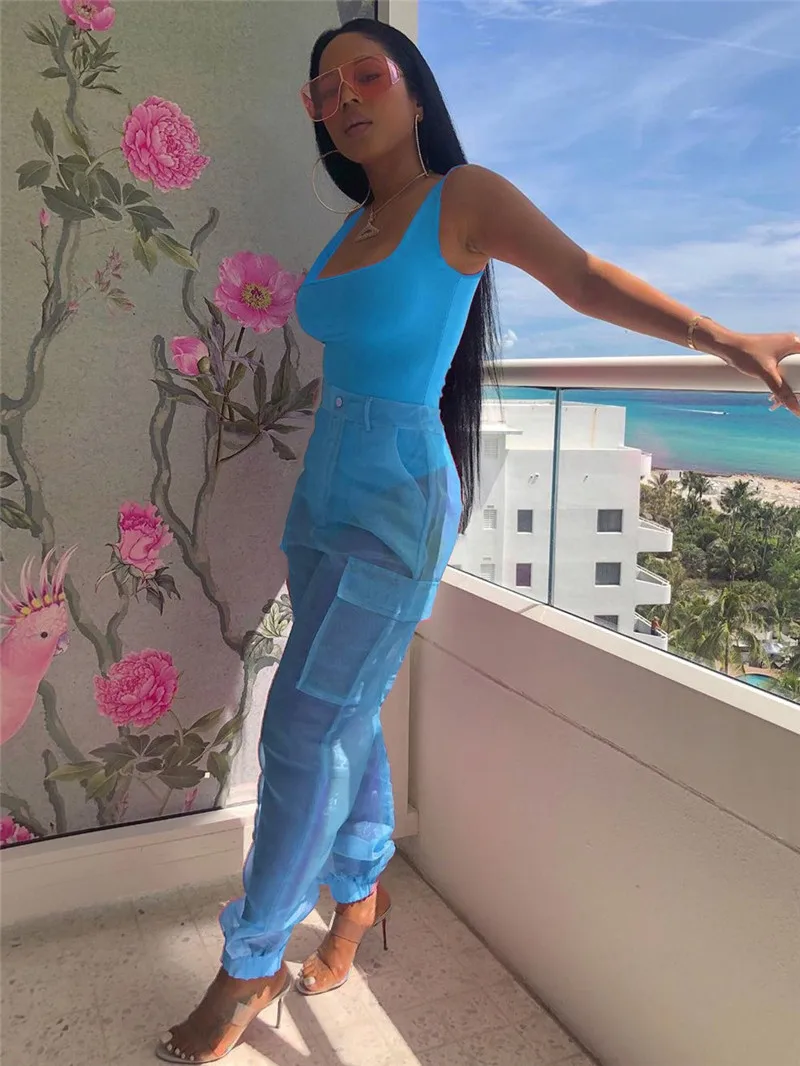 

Fahsion Women Sexy High Waist Mesh See Through Pants Trousers Loose Causal Cargo Pants Pocket Streetwear Hip Hop Clubwear Bottom