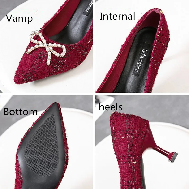 

Fall Women High Heels Bow Beaded Pointed Shallow Mouth Stiletto Pearl Ladies High Heels Wedding Party Professional Mature 2021