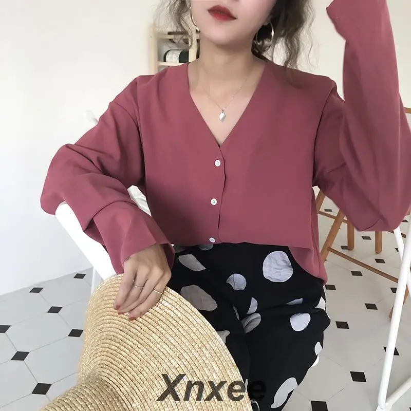 

Solid Color Single Breasted Chiffon Blouse Shirt V-neck Long Sleeve Women Blouse Summer Casual Shirt Streetwear Xnxee