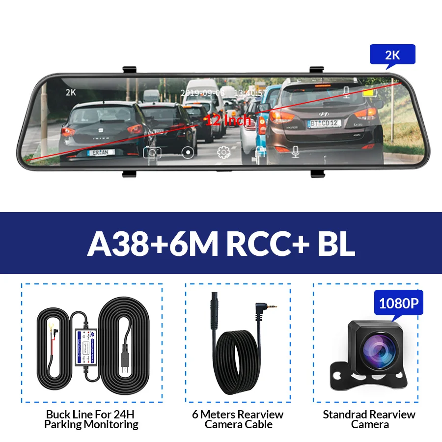 A38-6M RCC-BL E-ACE Автомобильный видеорегистратор Камера 10 дюймов Сенсорное потоковое зеркало заднего вида Dash Cam FHD 1080P регистратор видео регистратор с камерой заднего вида - Название цвета: A38-6M RCC-BL