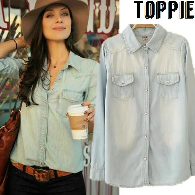 Женские джинсовые рубашки джинсовая рубашка с карманами Повседневная Джинсовая