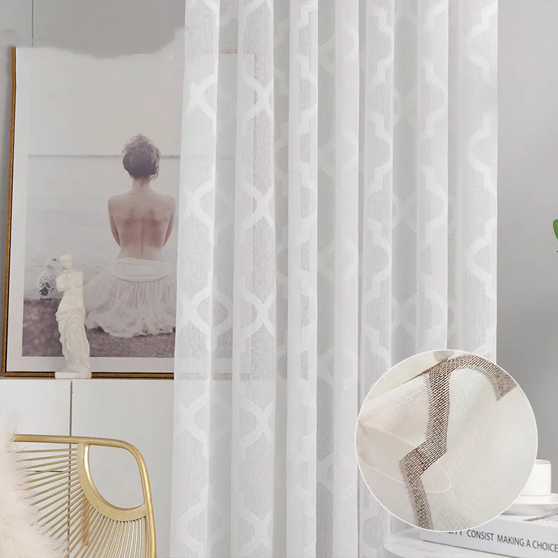 

Nordic White Sheer Curtains for Living Room Bedroom Geometric Printed Tulle Curtain for Kitchen Voile Curtain Blind Panels