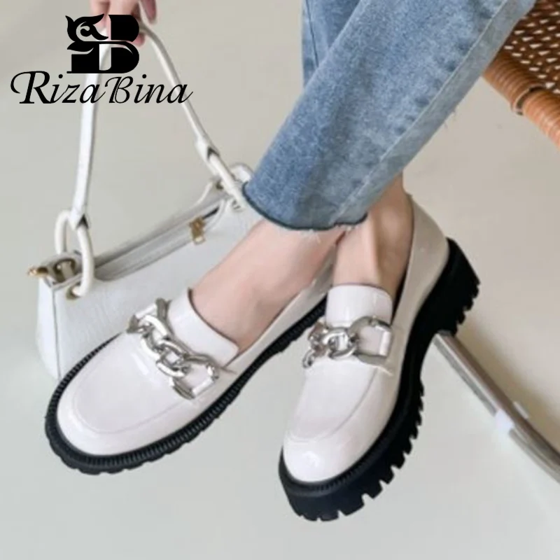 

RIZABINA Genuine Leather Pumps Women Shoes Chain Decoration Slip On Round Toe Solid Color Female Daily Footwear Size 34-40