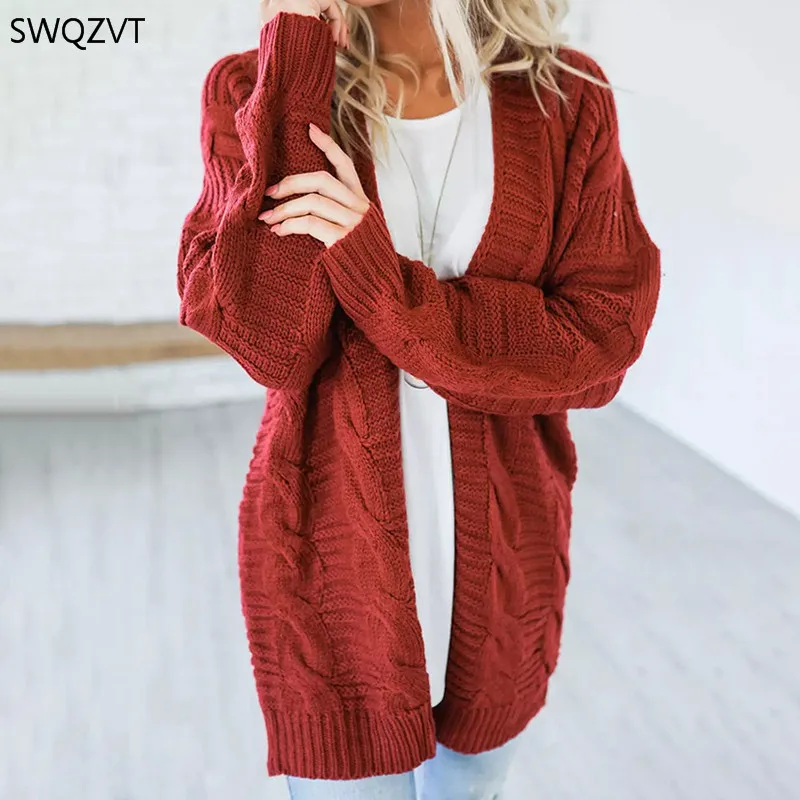 Длинный кардиган SWQZVT Женский Повседневный Новый однотонный Свободный теплый