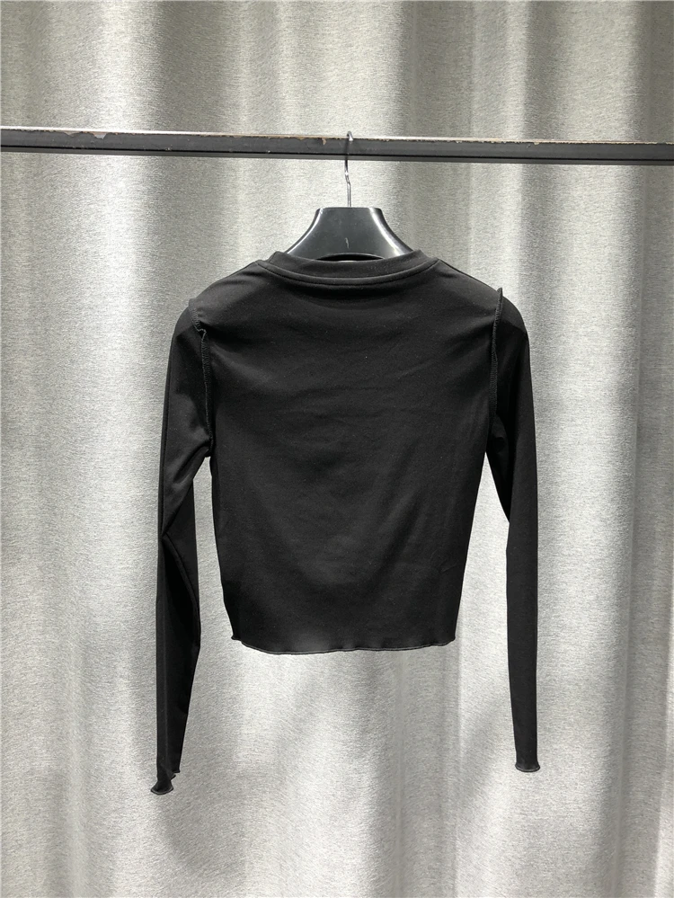 

Tshirt Women Fashion Casual Cotton Crew Neck Long Sleeve Solid Short Pullover Front Seam Exposed Design Stitched Neckline