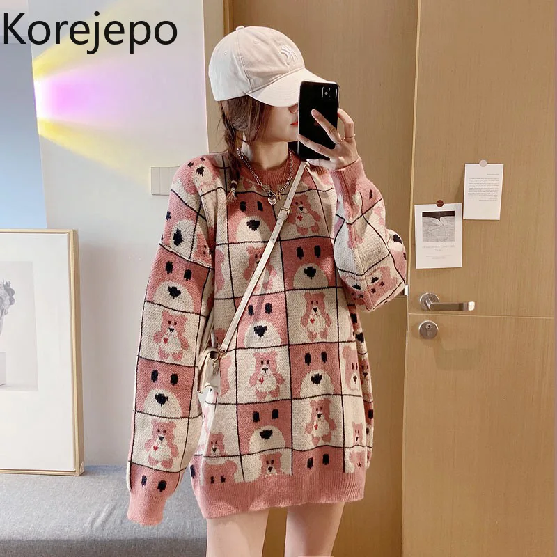

Korejepo Women Knitted Sweater 2021 Autumn Winter New Retro Cute Bear Jacquard Loose Color Matching Hedging Outer Wear Female