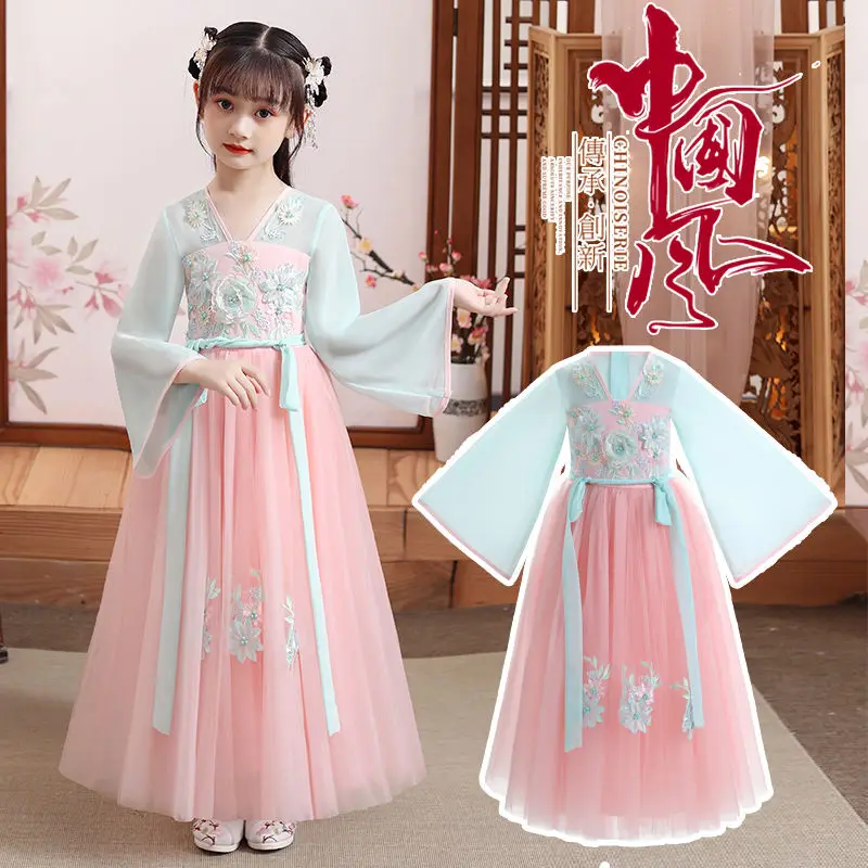 

Girls' Hanfu children's ancient summer short sleeve antique skirt Fairy Light yarn Tang dress