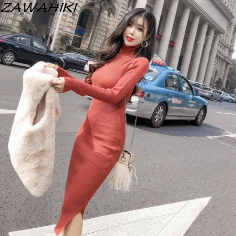 

ZAWAHIKI 2021 Autumn New Temperament Sweater Dresses Slim Bag Hip Mid-length Knitted Dress Women Fashion Turtleneck Femme Robe