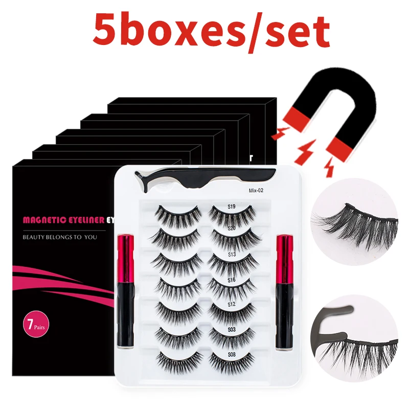 5Boxes/Set 7Pairs Magnetic Lashes With 2Tube Magnetic Waterproof Eyeliner Eye Makeup Magnet Lashes Eyelashes Cilios Magnetico
