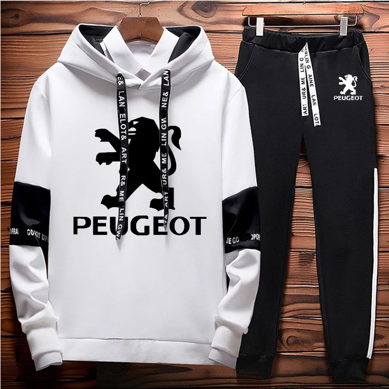 

Spring Autumn New Colorblock Men Sweatshirt suit Peugeot Car Logo pullover Cotton High quality Men's Hooded pants 2 piece set
