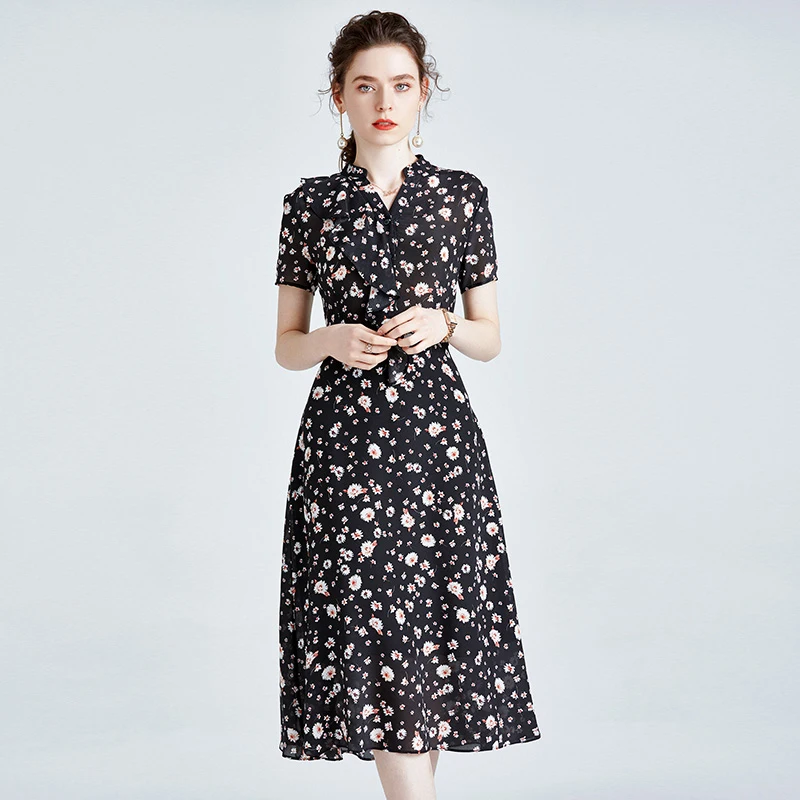 

100% Silk Women's Runway Dresses V Neck Short Sleeves Floral Printed Ruffles Fashion Summer Mid Dresses