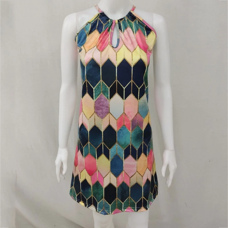 

2021 New Women Summer Sexy Halter Sleeveless Swing Mini Dress Boho Floral Geometry Print Off Shoulder Hollow Keyhole Sundress