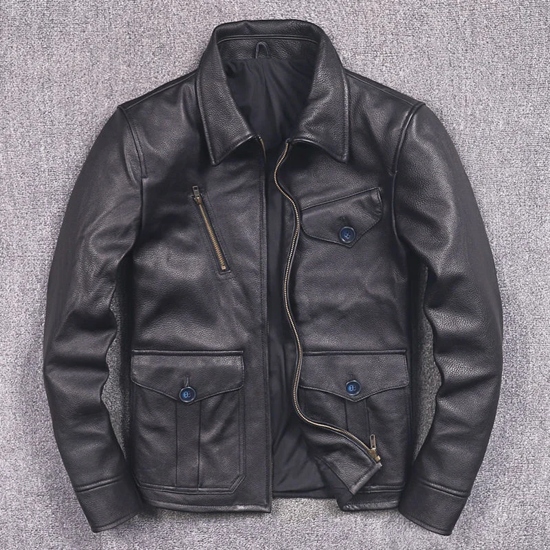 

Layer First Cowhide Motorcycle Jacket Men's Short Lapel Real Leather Jacket Slim Fit Korean Coat