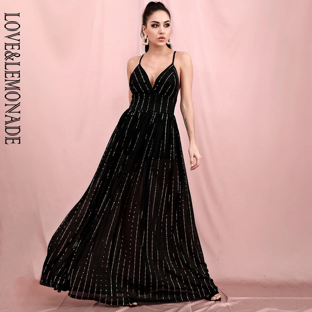 Женское платье с открытой спиной LOVE & LEMONADE длинное Сетчатое трапеция и V образным