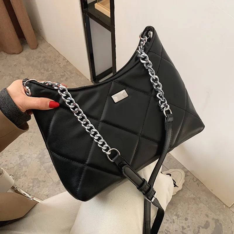 

Small Black Quilted Hobo Bags Luxury Women Leather Shoulder Bag Plaid Messenger Handbag Lady Diamond Lattice Chain Crossbody Bag