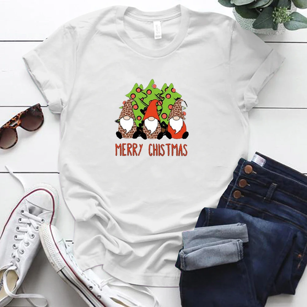 

Three Gnomes Printed Graphic T Shirt for Women S-5xl Round Neck Christmas Shirt Casual Cotton Oversized Femme T-shirts Cute Tops