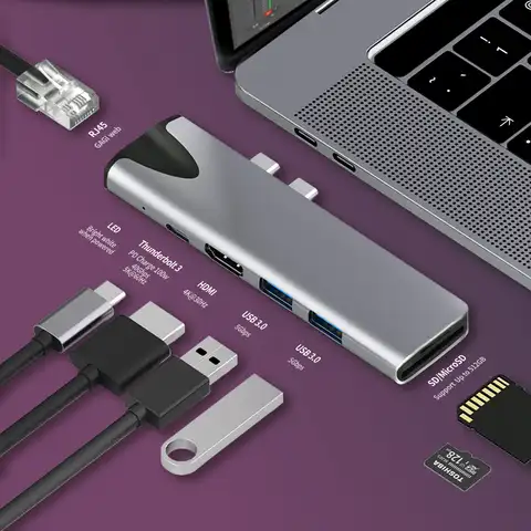 USB-концентратор USB 3,1 Type-C/RJ45 HDMI, 4K, Thunderbolt 3, с концентратором 3,0 TF, слотом для чтения SD, PD для MacBook Pro/Air