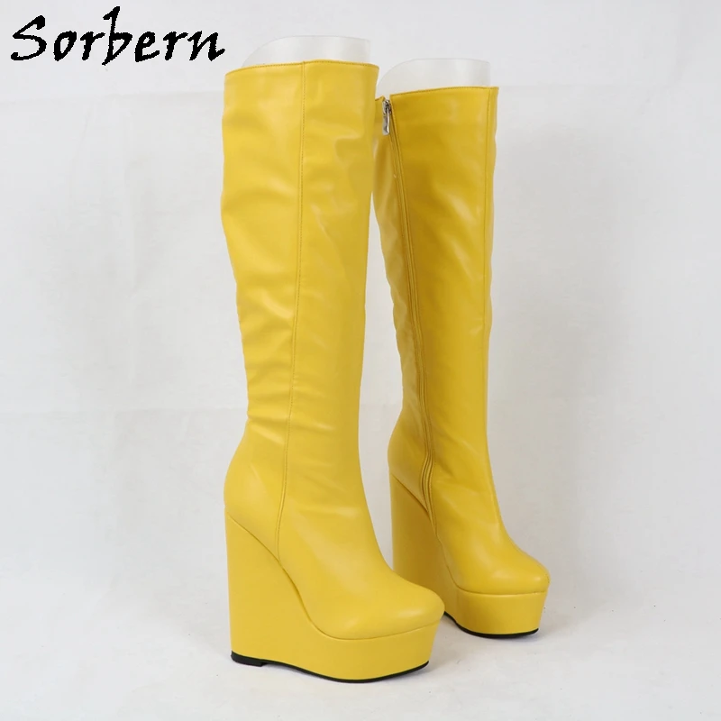 

Sorbern Customized Black Wedges Knee High Boots Platform Round Toe Ladies Boots For Winter Big Size Shoe Women More Colors
