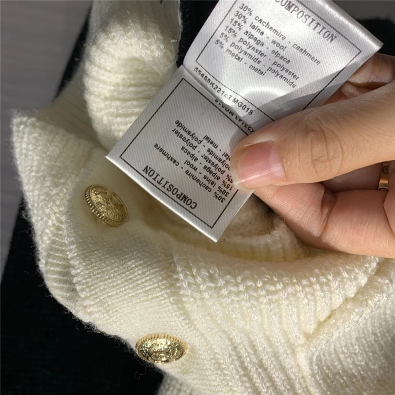 

High Quality Women Cardigan Sweater Cashmere Knitted Blue and White Color Block Golden Buttons Waist Fitted Female Sweaters