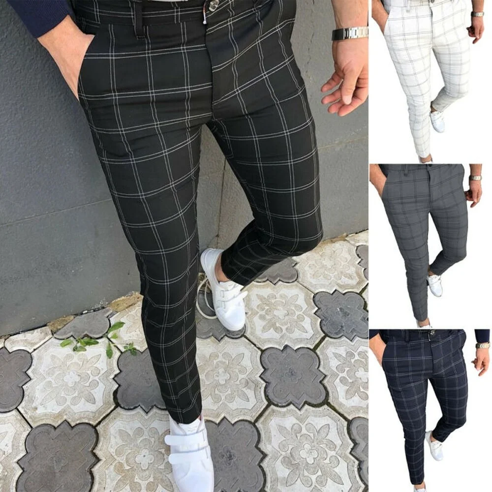 

Men Casual Fashion Plaid Printing Long Pants Gentleman Business Formal Trousers