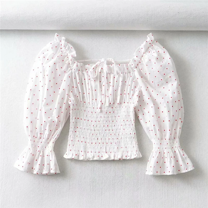

Sukibandra Spring Vintage Polka Dot Puff Sleeve White Crop Top Blouse Elegant Women Sweet Shirt Blouses Korean Fashion Clothing