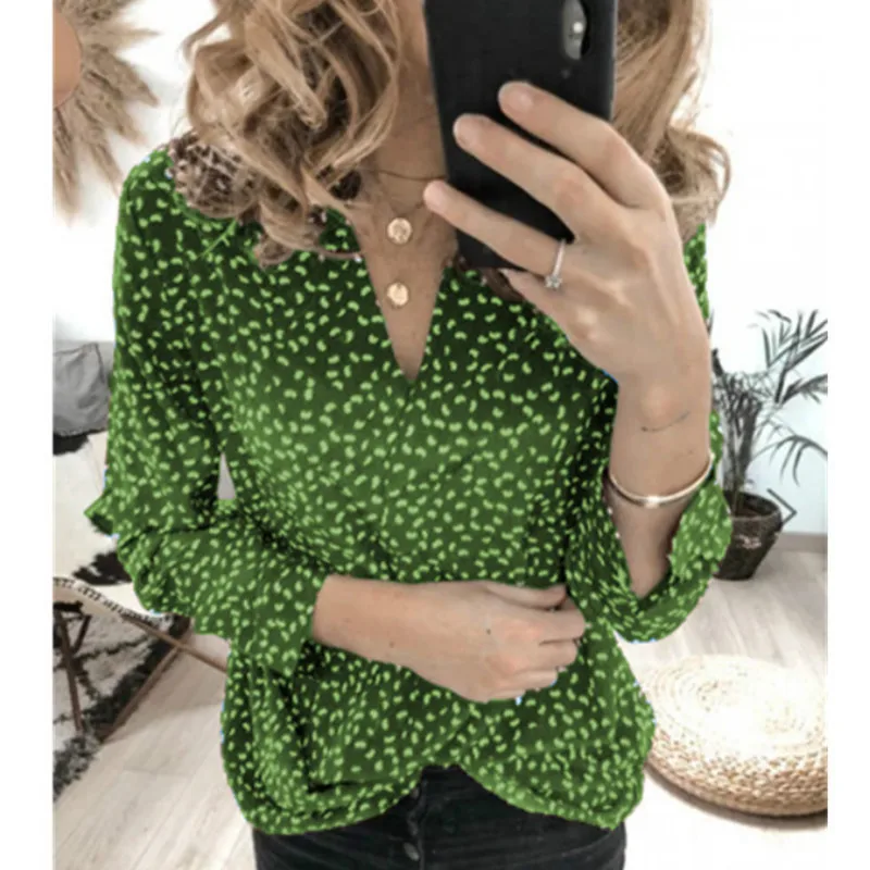 Повседневная шифоновая блузка новинка с принтом в горошек v-образный вырез