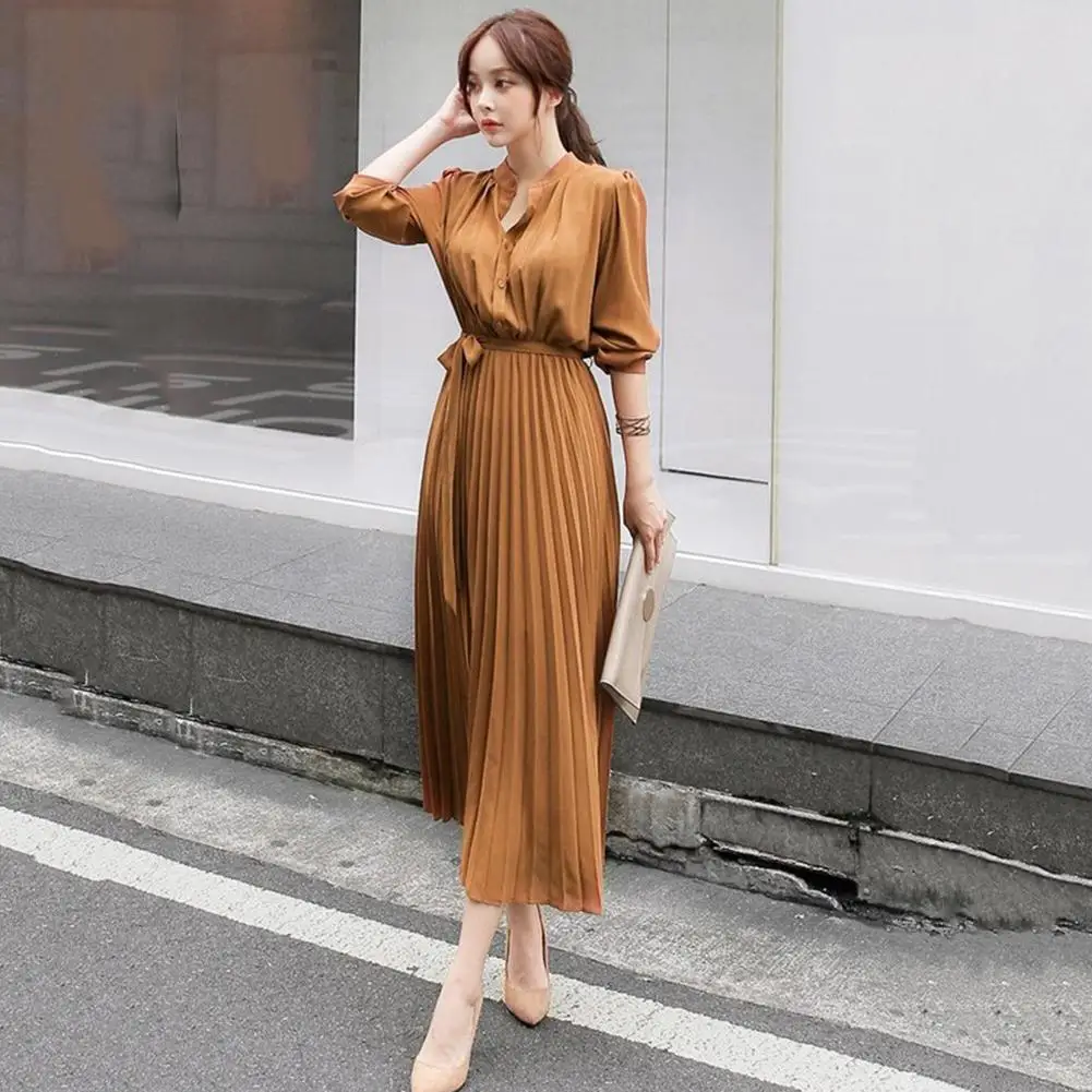 Элегантный женский сплошной цвет шифон с длинным рукавом плиссированные поясом