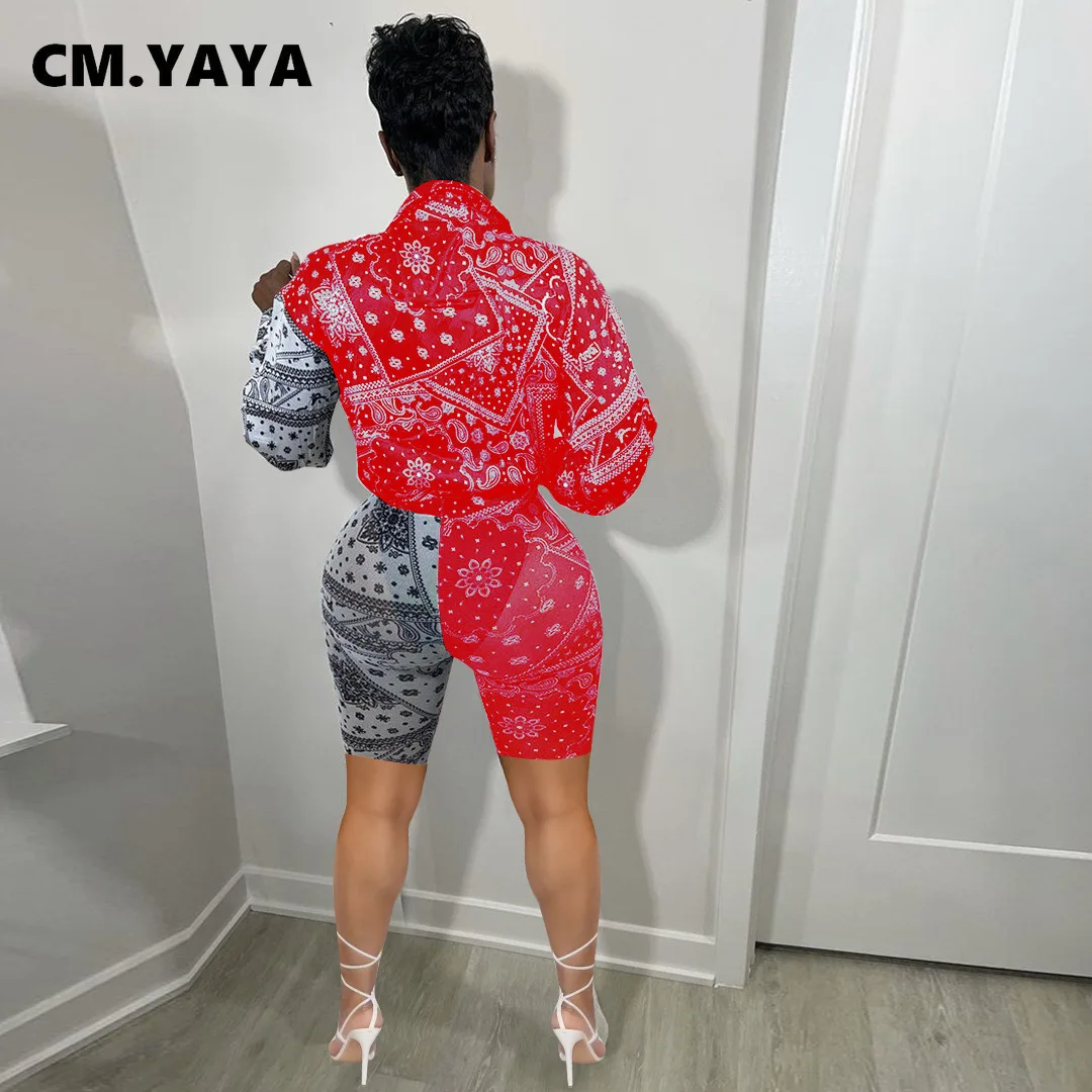 Женский комплект с принтом пейсли CM.YAYA блузка длинным рукавом и шорты из двух