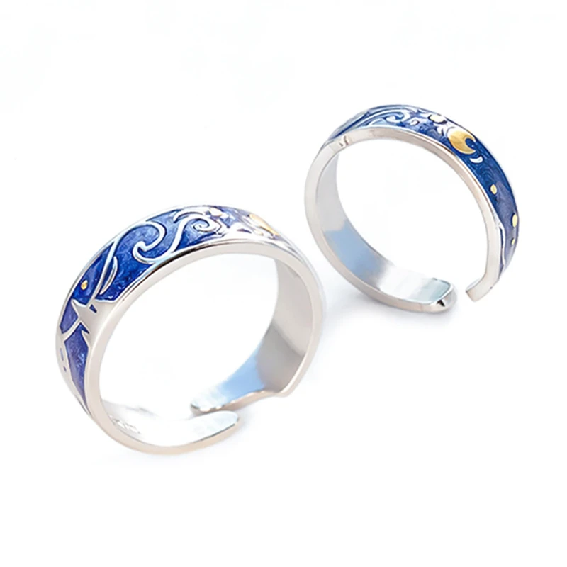 Color Van Gogh ring Starry Sky Couple Ring Blue Night Adjustable Lover Rings For Women Men Valentine's Gift Jewelry | Украшения и