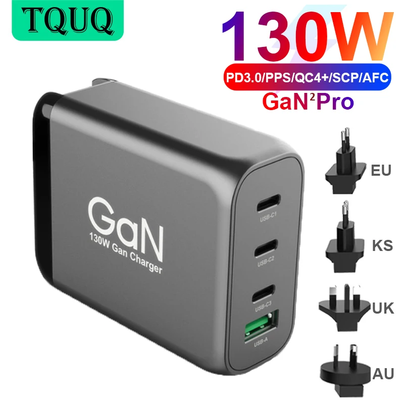 

4port 130W GaN USB C Wall Charger, 3-port Type-C PD 100W PPS 45W for Laptops MacBook iPhone Samsung, QC3.0/SCP for Huawei Xiaomi