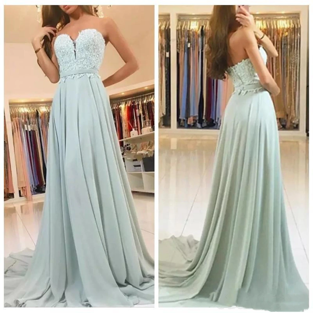 

Sweetheart Lace Top A-Line Prom Dresses Simple 2020 Customized Chiffon Skirt Sweep Train Women Evening Party Gowns Plus Size