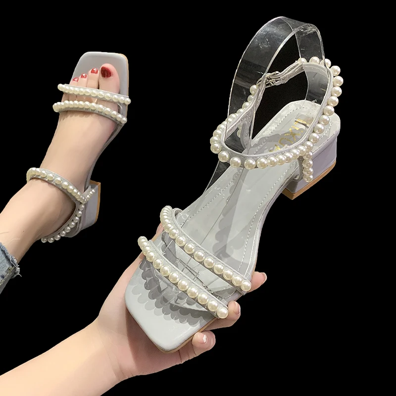 

High Heel Sandal for Women Clear Shoes Med 2021 Summer All-Match Suit Female Beige Open Toe High-heeled Retro Medium New Fashion
