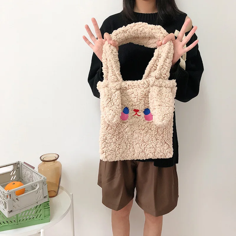 

Soft Plush Tote Bag Women Imitation Lamb Wool Handbag Winter Kawaii Cartoon Rabbit Ears Shoulder Bag Bolsa Feminina Sac A Main