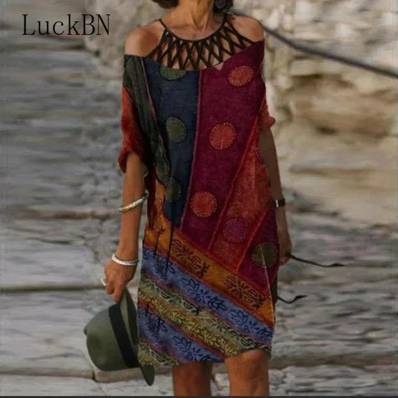 

Vintage Straight Dress Women Clothing Fashion Medium Length Tie-dye Print Long-Sleeved Halter Dress Ladies Robe Femme Vestidos