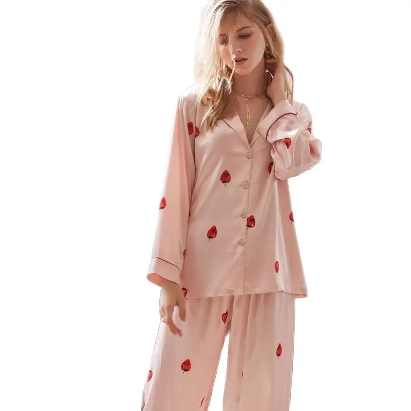 

Pajamas Sexy Faux Silk Sleepwear Female Fashion Strawberry Printed Satin Silk Long-Sleeved Woman's Pyjama Sets X2363