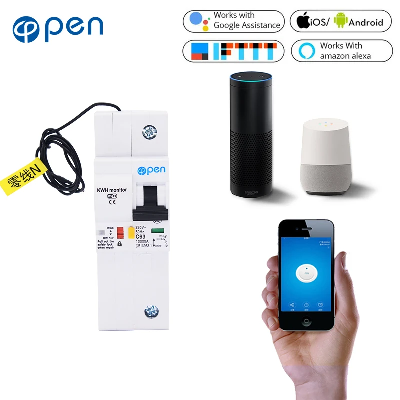 1P Пульт дистанционного управления Wifi автоматический выключатель с контролем энергии Совместимость с alexa и google home для умного дома