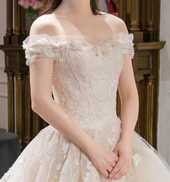 

Three-dimensional Cutting Vintage Lace Appliques Wedding Dresses Gorgeous Noble Long Tail Ball Gown Wedding Gowns Bridal Dress