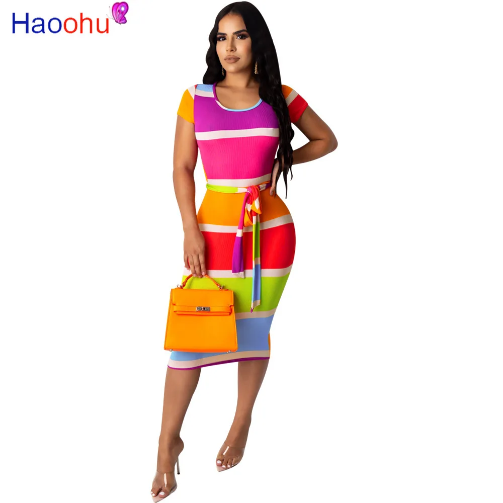 

HAOOHU women rainbow striped short sleeve o-neck with sashes high waist bodycon midi dress cut out sexy party pencil dresses