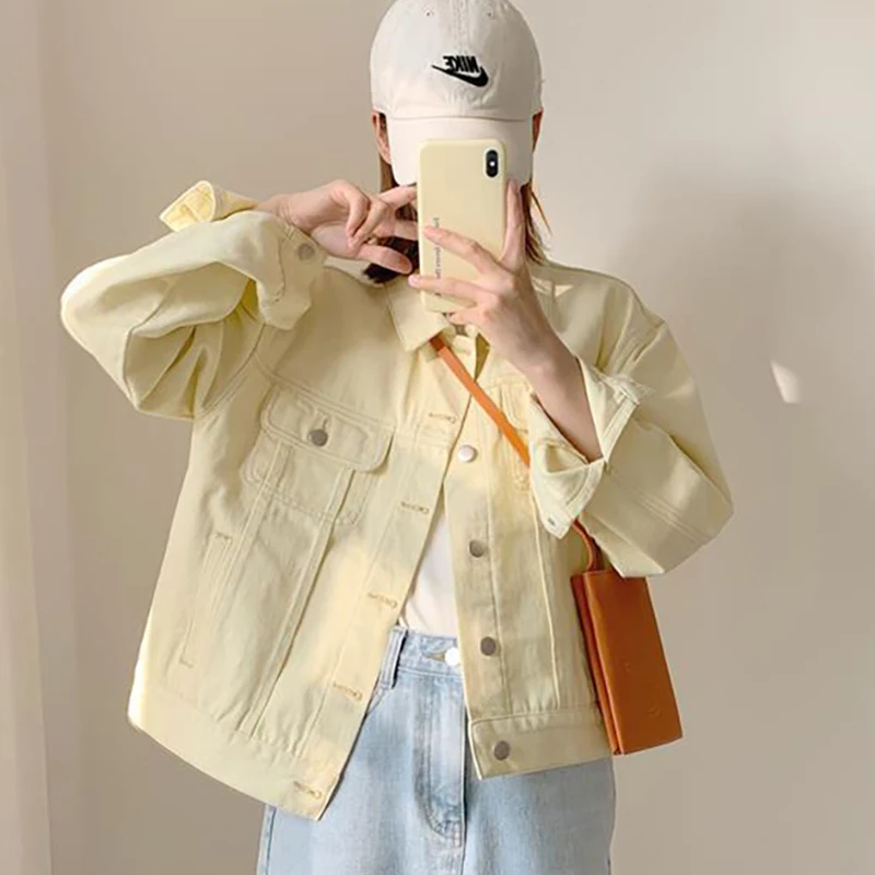 

Spring Autumn Single Breasted Yellow Black Jeans Jackets Korean Solid Loose Pockets Denim Coats Fashion Streetwear Jacket Women