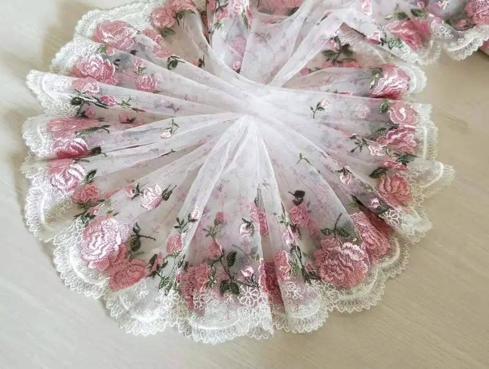 Роскошное Тюлевое кружево с принтом розовые розы Цветочная вышивка зубчатое 7