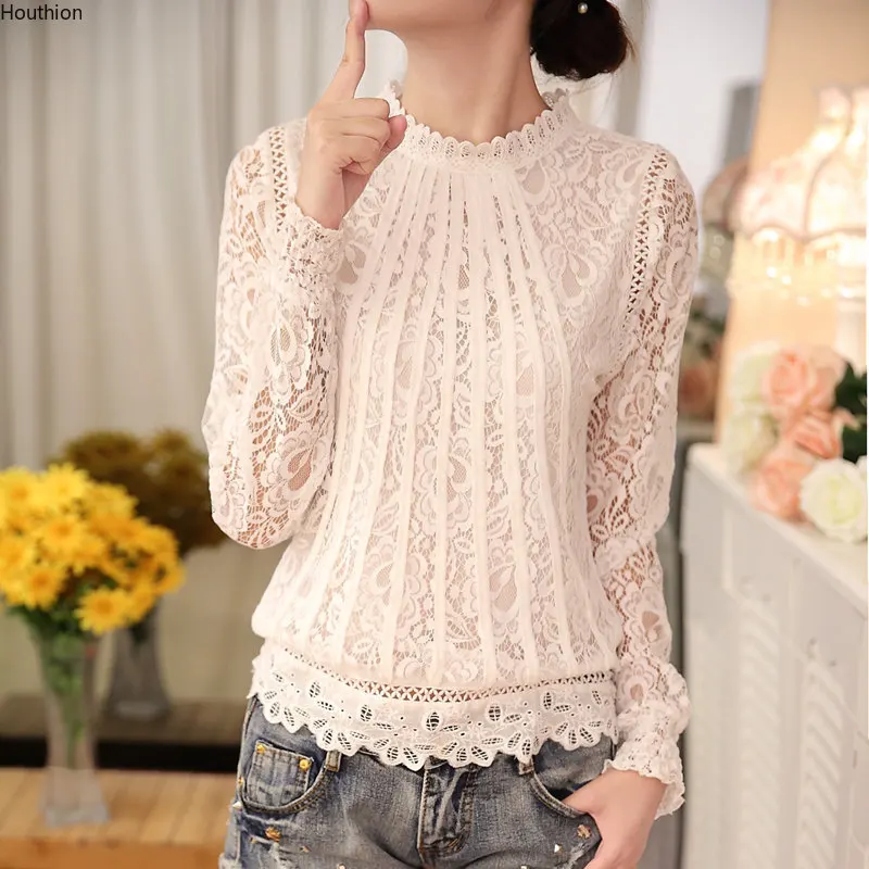 

Women's Blouse Lace Shirt Office Lady Blouses New Slim Fashion Casual Blusas Net Yarn Hollow Top Solid Summer Blusas Houthion