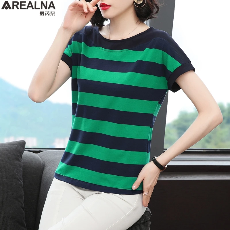 

Short Sleeve Striped T Shirt Women tops 2021 Korean Fashion Loose Cotton Tshirt summer clothes for women tee shirt femme M-4XL