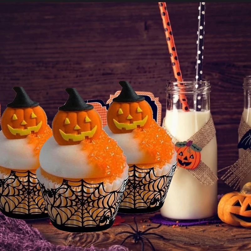 

12pcs/set Halloween Cake Decoration Paper Spider Web Bat Cupcake Topper Wrappers DIY Halloween Party Cakes Accessories