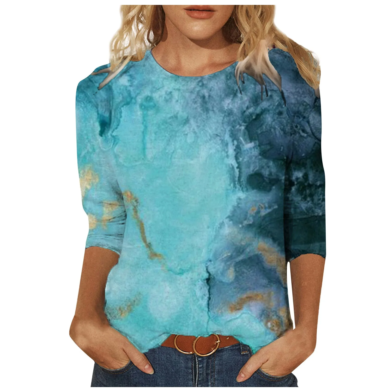 

2021 Fashion Casual Women's Spring Printed Mid-length sleeves Crew-Neck Casual Tee Tops Summer Tops Women Short Fashion Tshirt